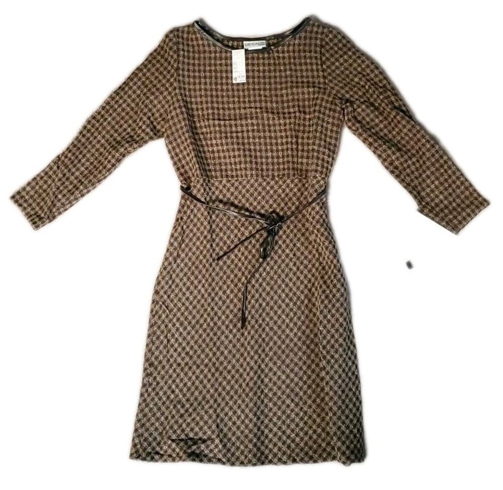 Decade Designs Y2K Dress Women 8P Petite Checker Brown 1990s Retro A-Line Nerd